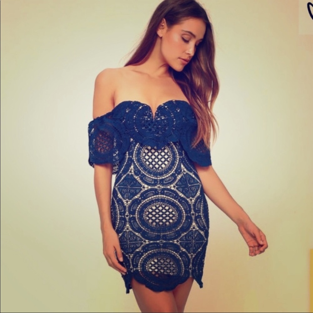 Lulus blue/beige crochet off-the-shoulder dress